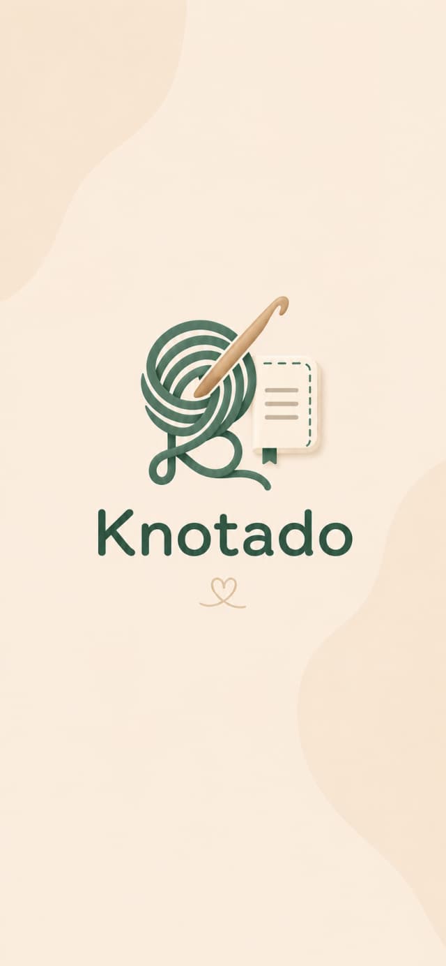 Knotado app splash screen, showing the yarn and hook logo on a warm cream background